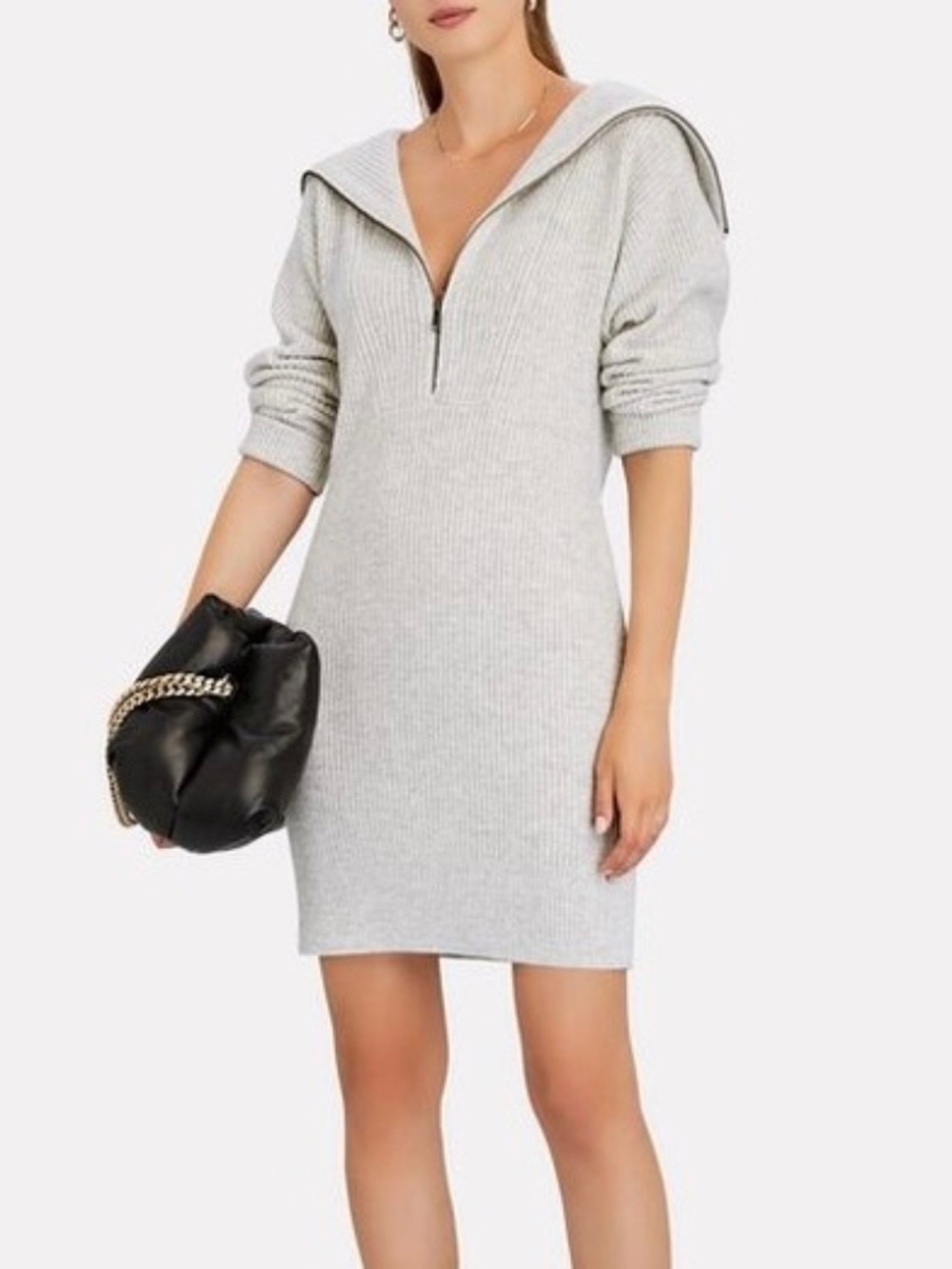 INTERMIX Jasper Wool/Cashmere Blend Half Zip Sweater Dress in Heather Gray - L